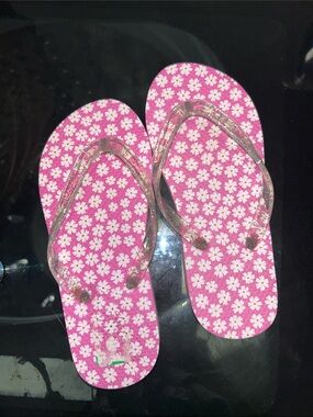 GAP Pink Floral Girls' Flip Flops  Clear Glitter Straps New never worn 11/12 c